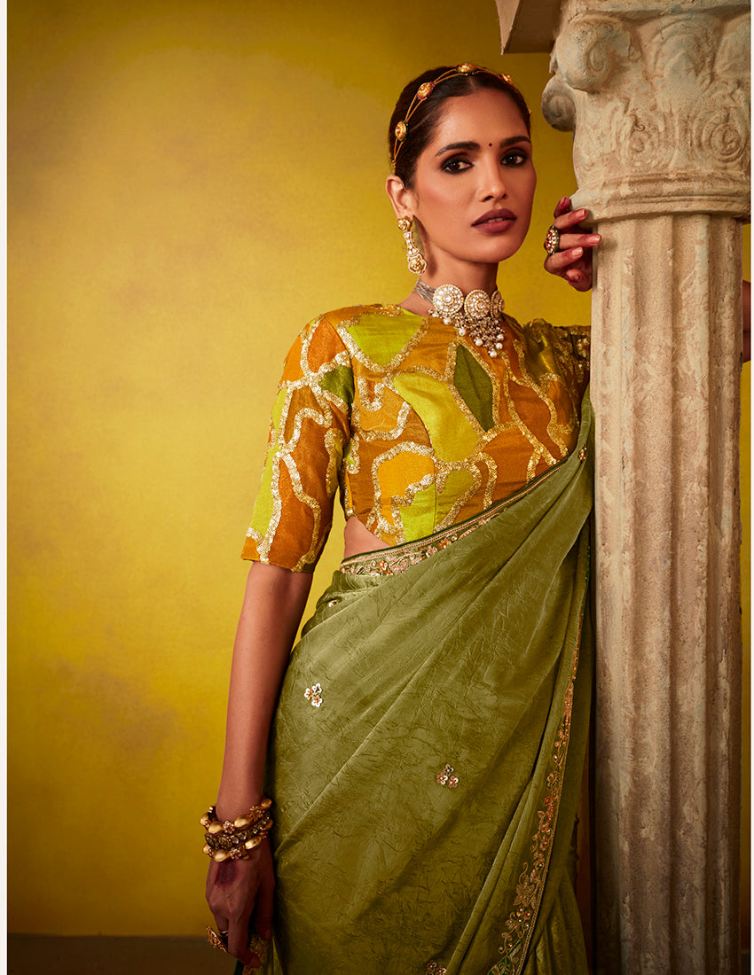 Olive Green Embroidered Saree & Blouse