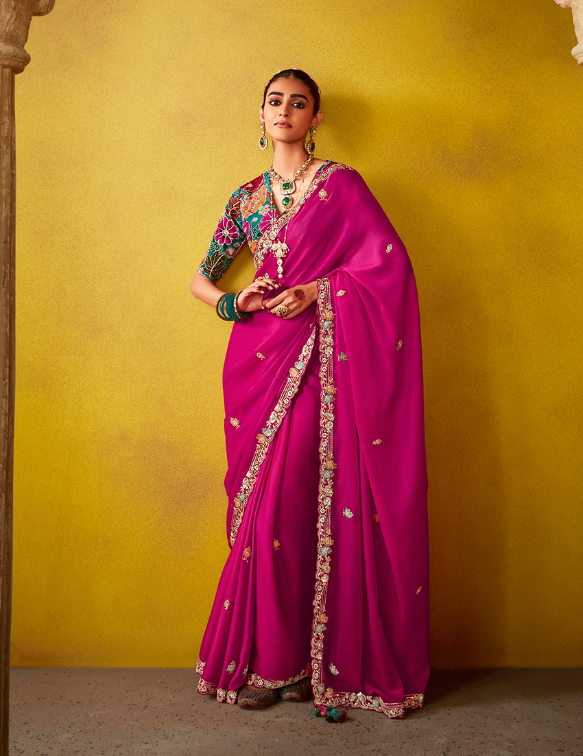 Hot Pink Embroidered Saree & Blouse