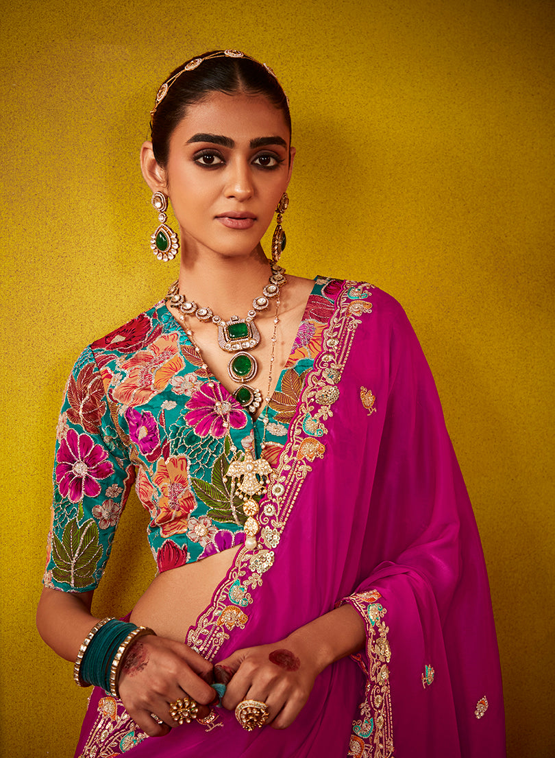 Hot Pink Embroidered Saree & Blouse