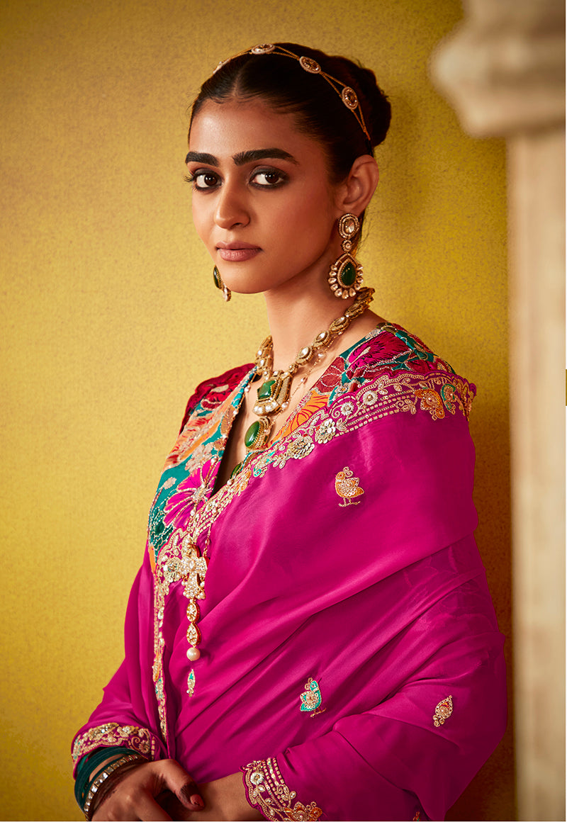 Hot Pink Embroidered Saree & Blouse