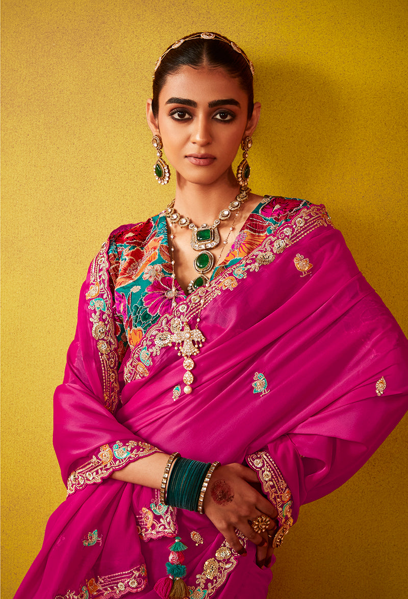 Hot Pink Embroidered Saree & Blouse