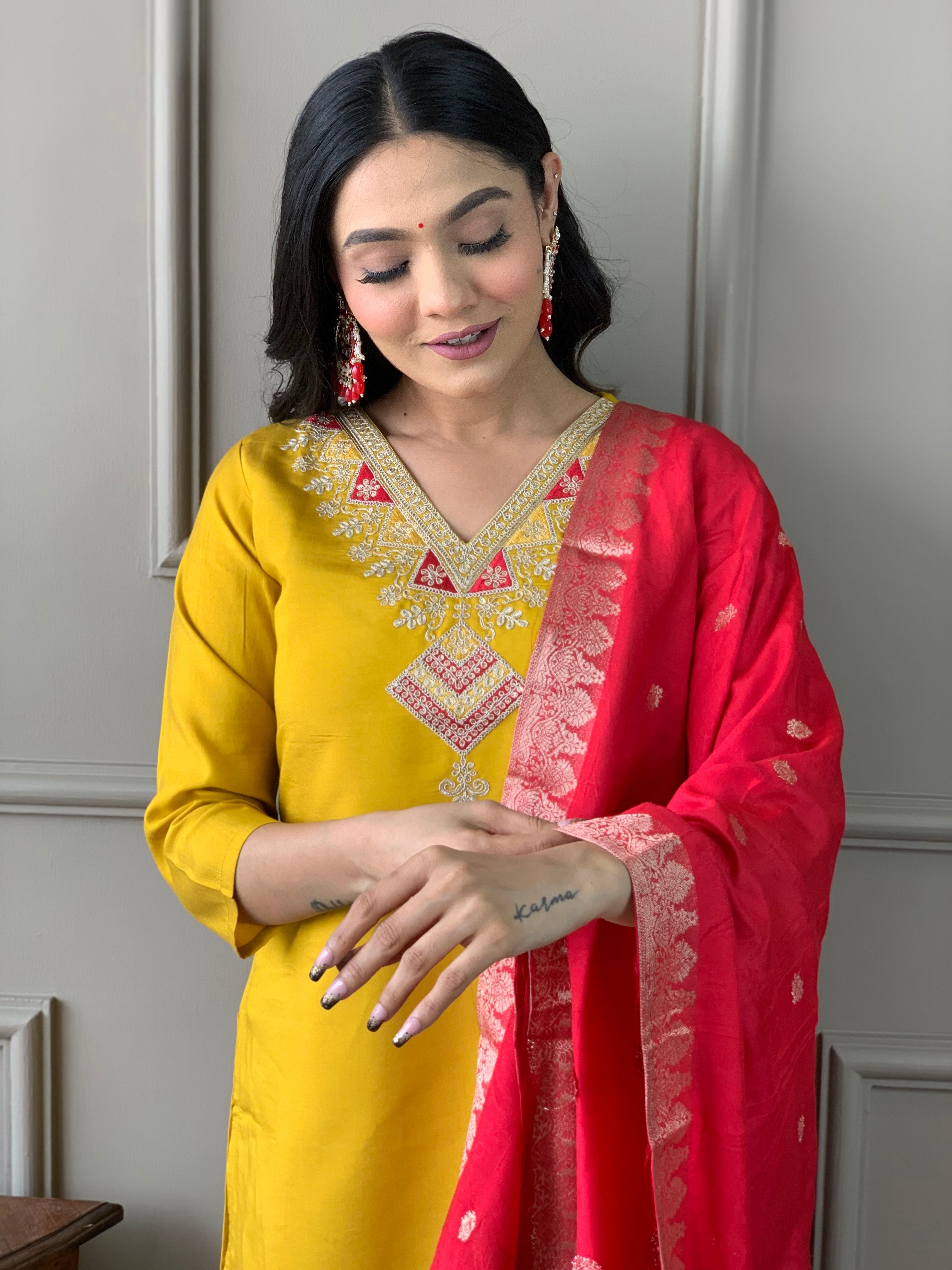 Mustard Embroidered Chanderi Fabric Straight Kurta, Pant and Dupatta Set