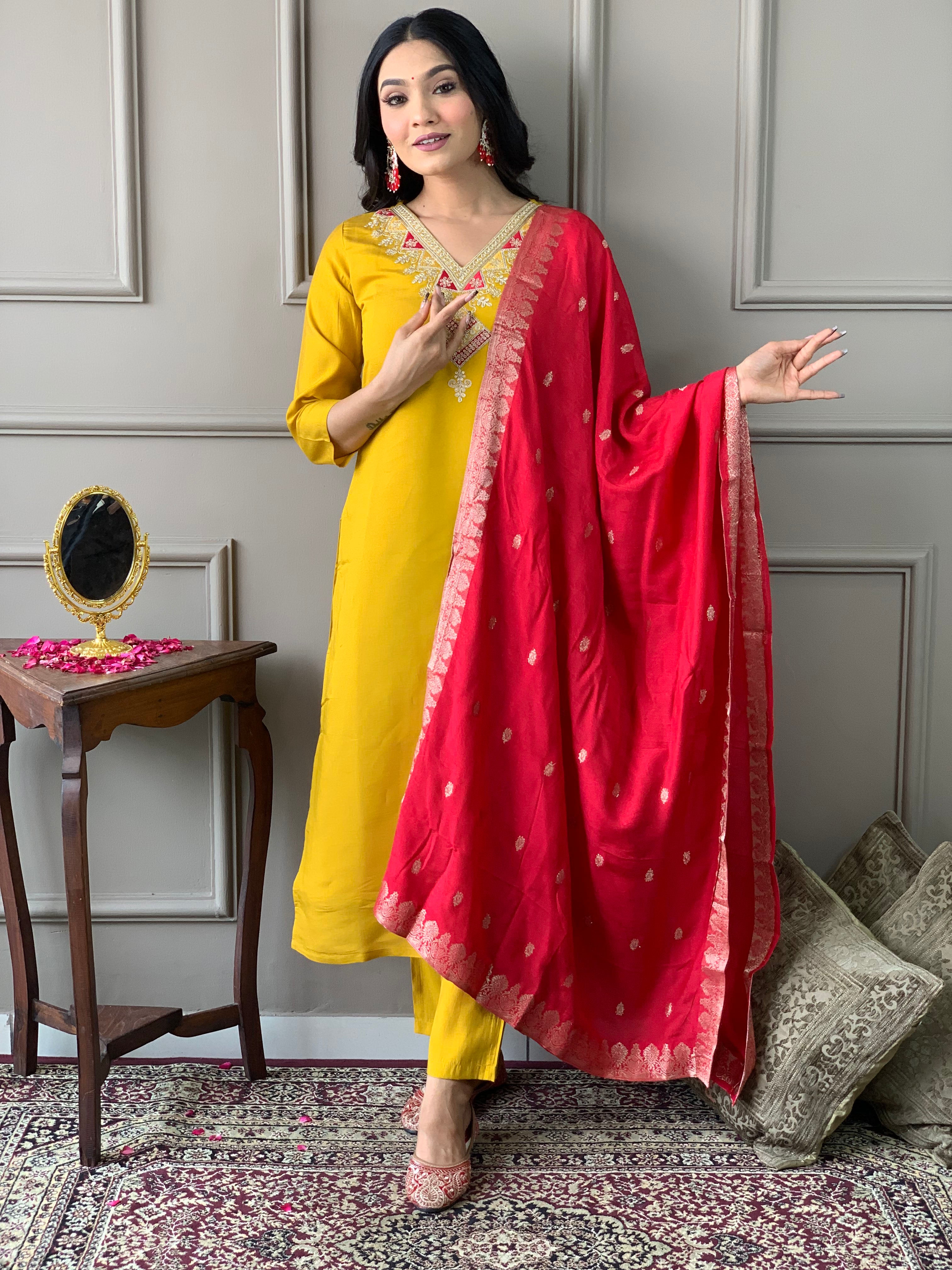Mustard Embroidered Chanderi Fabric Straight Kurta, Pant and Dupatta Set