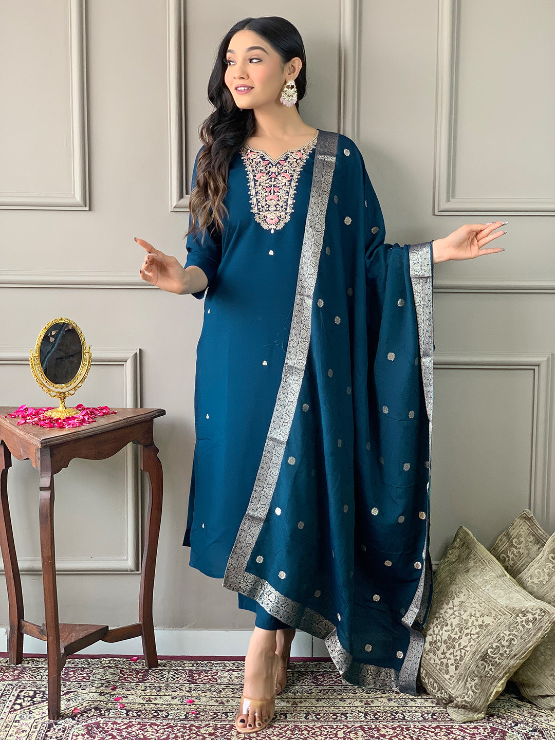 Petrol Embroidered Chanderi Fabric Straight Kurta, Pant and Dupatta Set