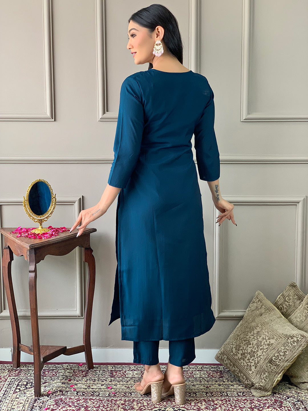 Petrol Embroidered Chanderi Fabric Straight Kurta, Pant and Dupatta Set