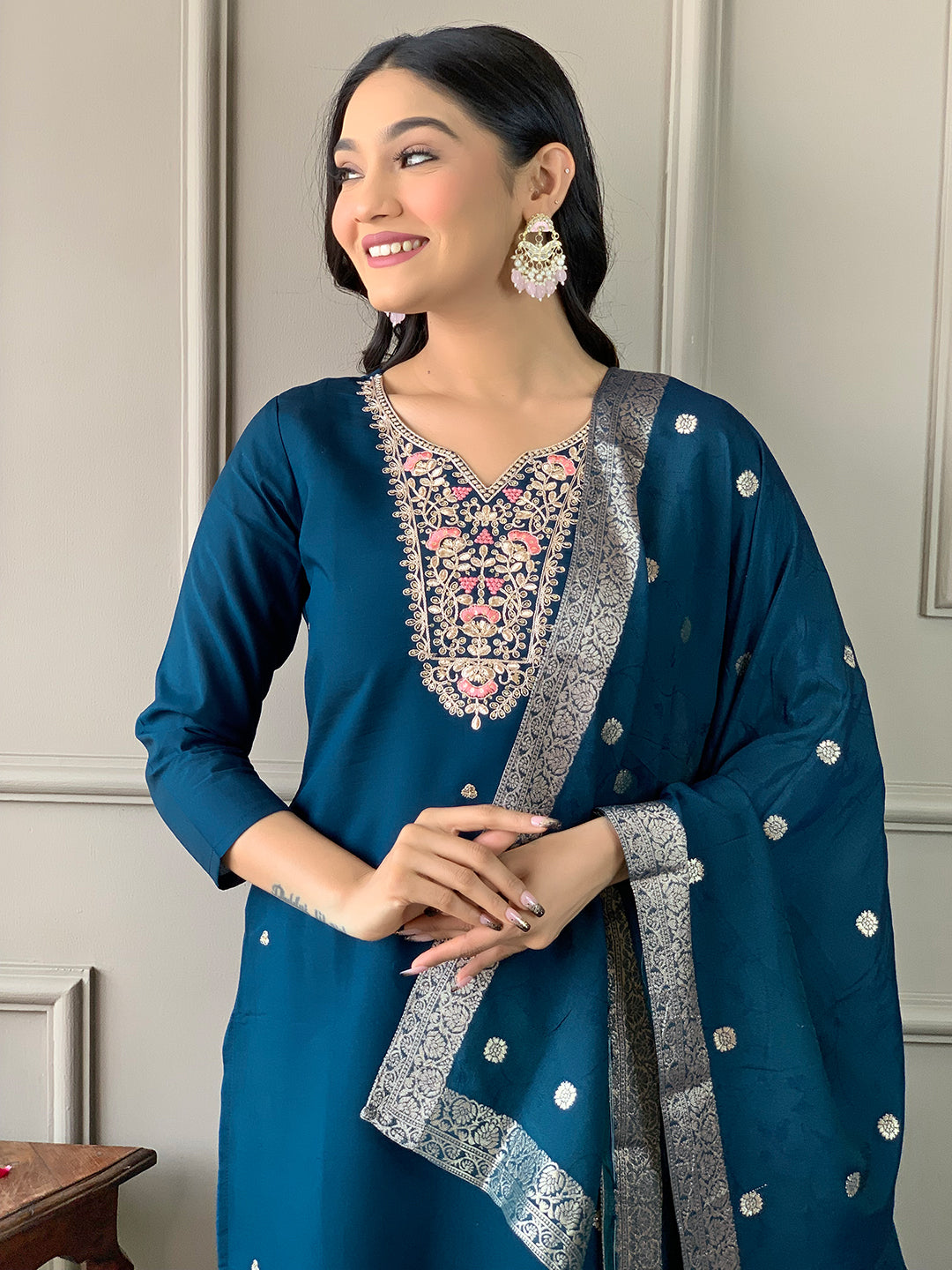Petrol Embroidered Chanderi Fabric Straight Kurta, Pant and Dupatta Set
