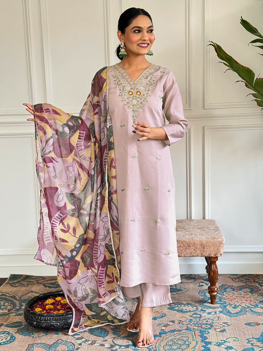 Beige Thread work Chanderi Fabric Straight Kurta, Pant and Dupatta Set