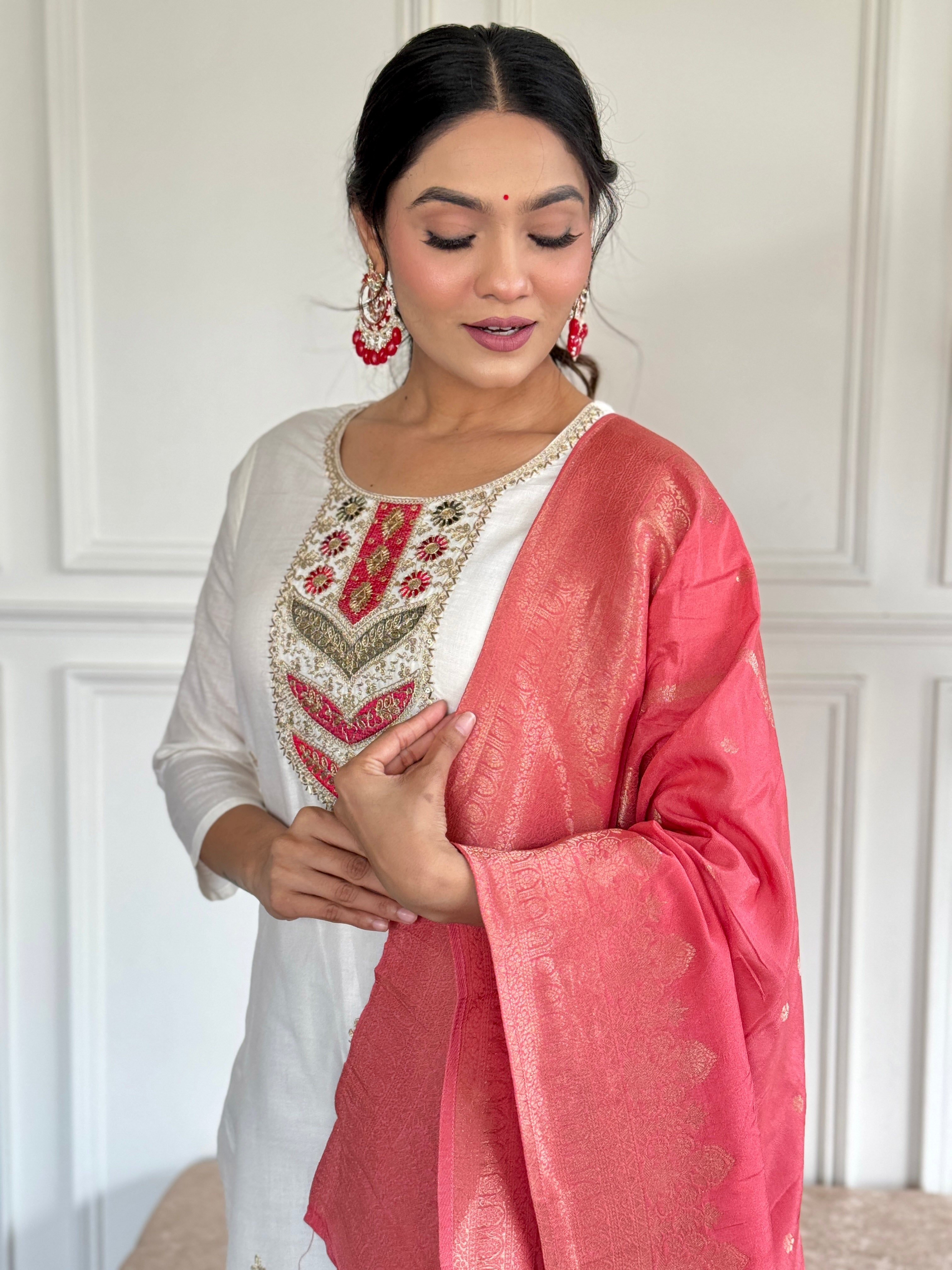 Embroidered Viscose blend Fabric Straight Kurta, Pant and Dupatta Set