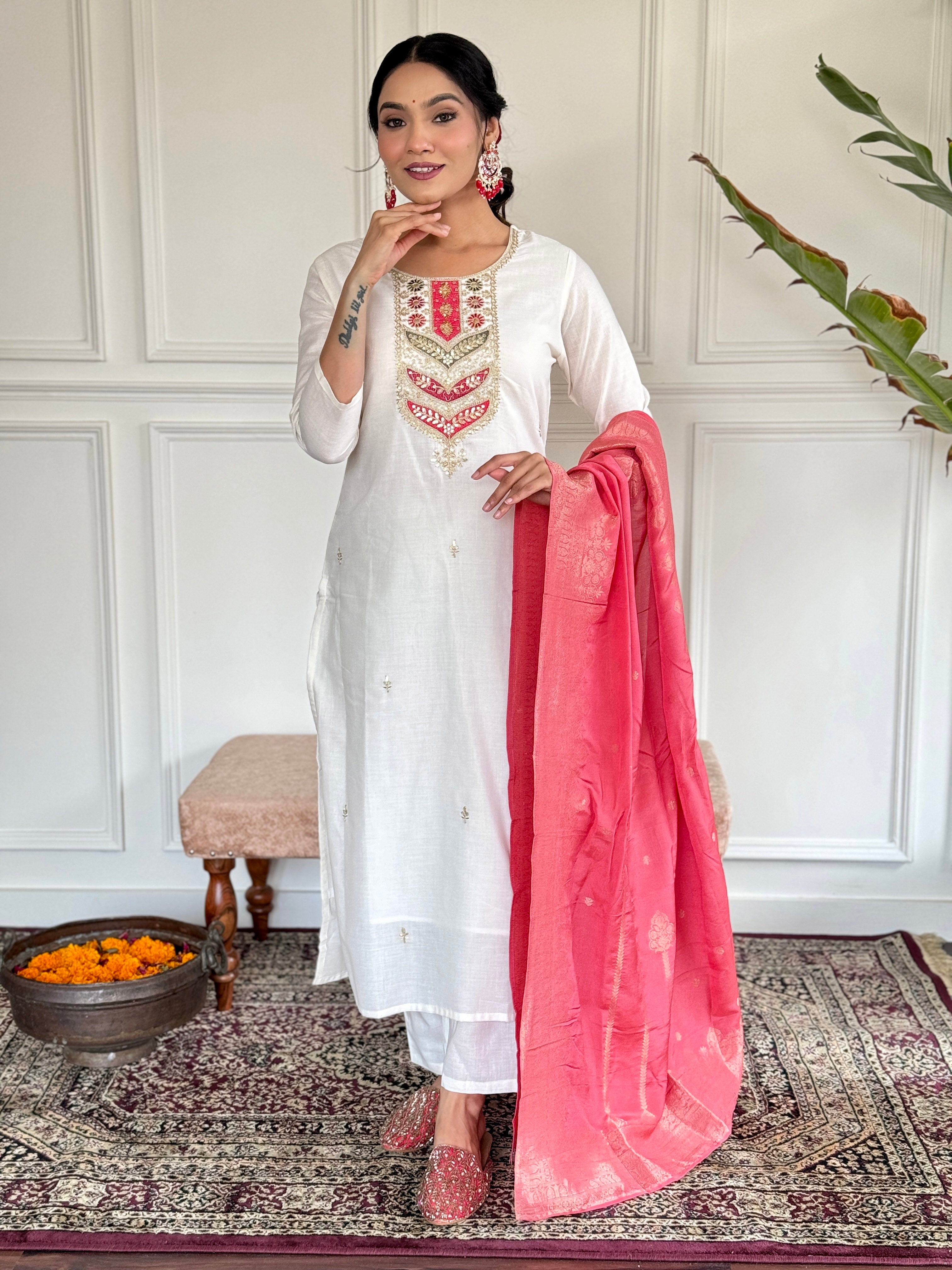 Embroidered Viscose blend Fabric Straight Kurta, Pant and Dupatta Set