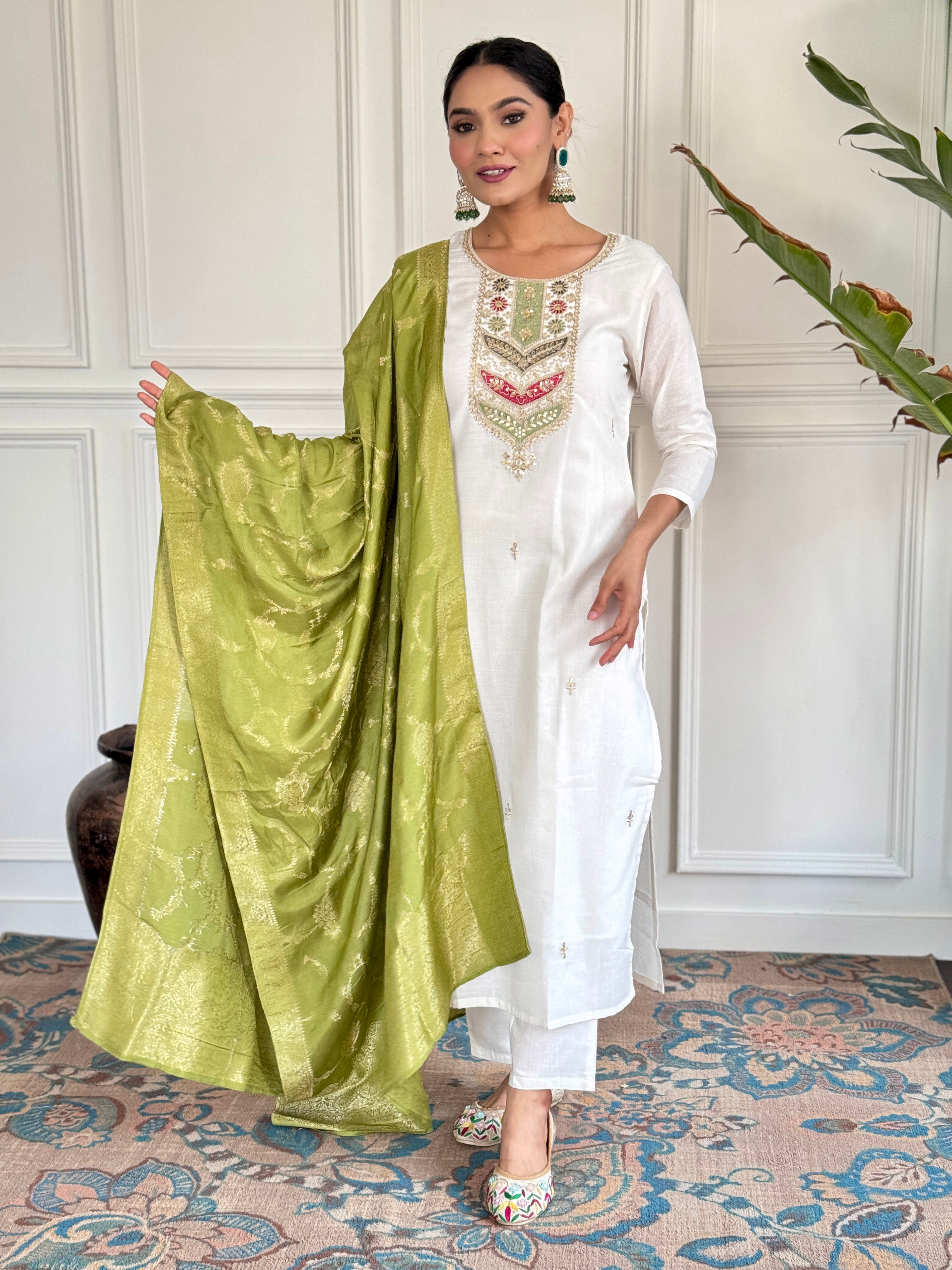 Embroidered Viscose blend Fabric Straight Kurta, Pant and Dupatta Set