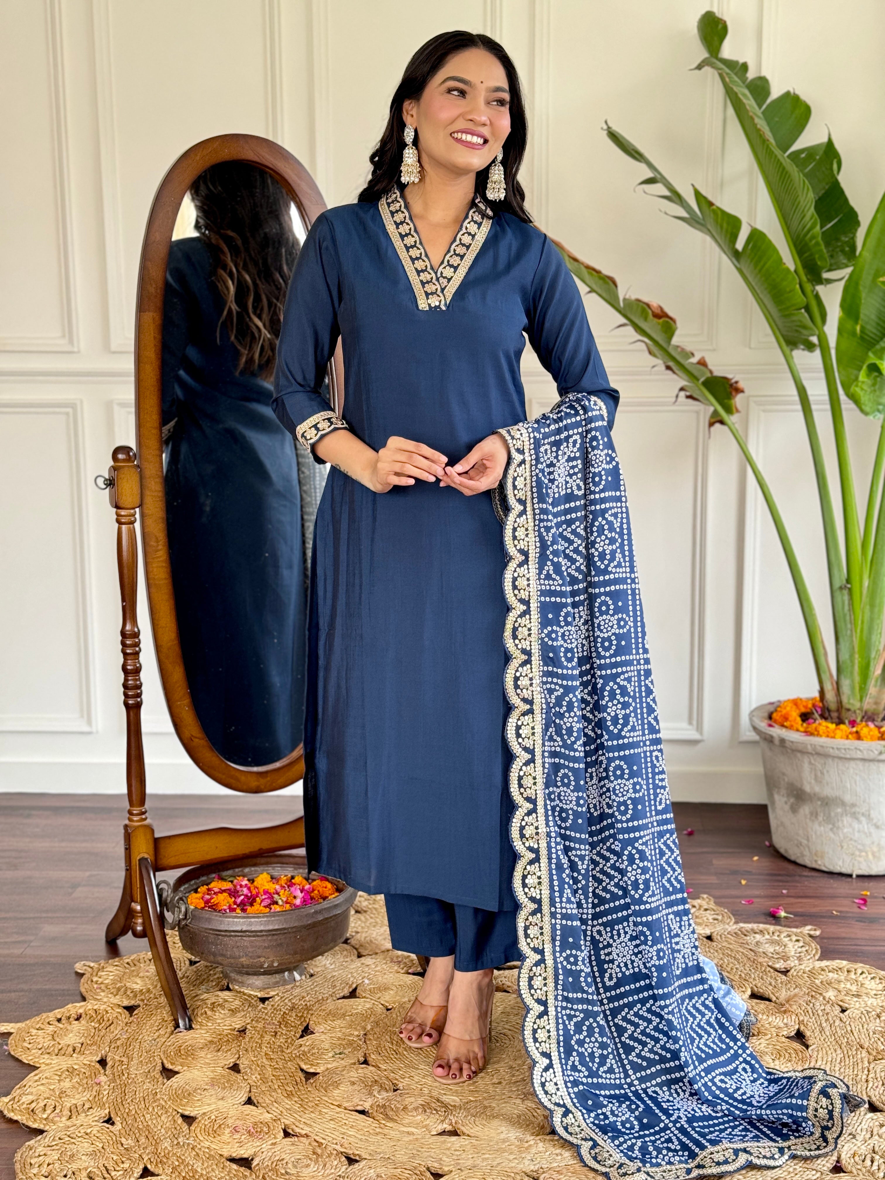 Viscose Silk Fabric work Straight cut Kurta, Pant and Dupatta Set