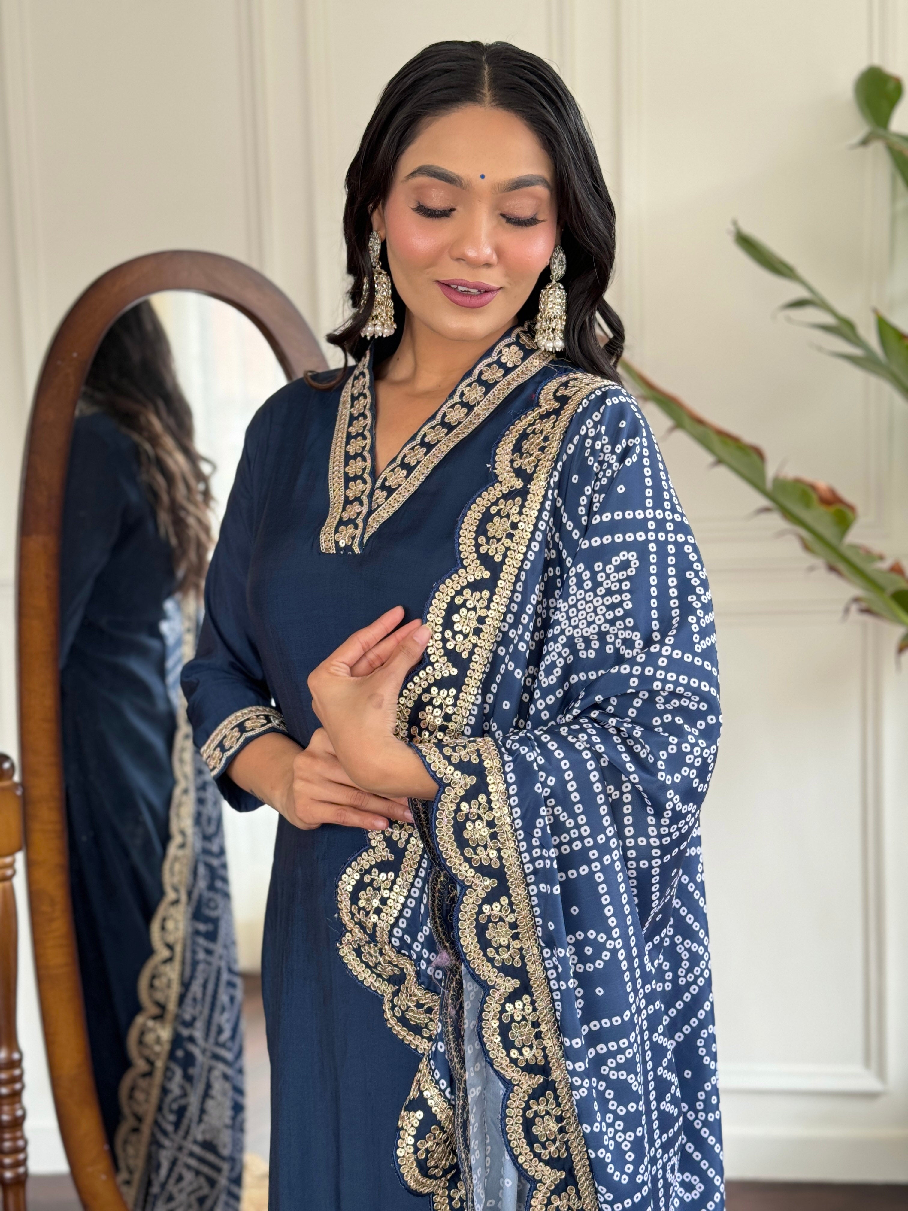 Viscose Silk Fabric work Straight cut Kurta, Pant and Dupatta Set