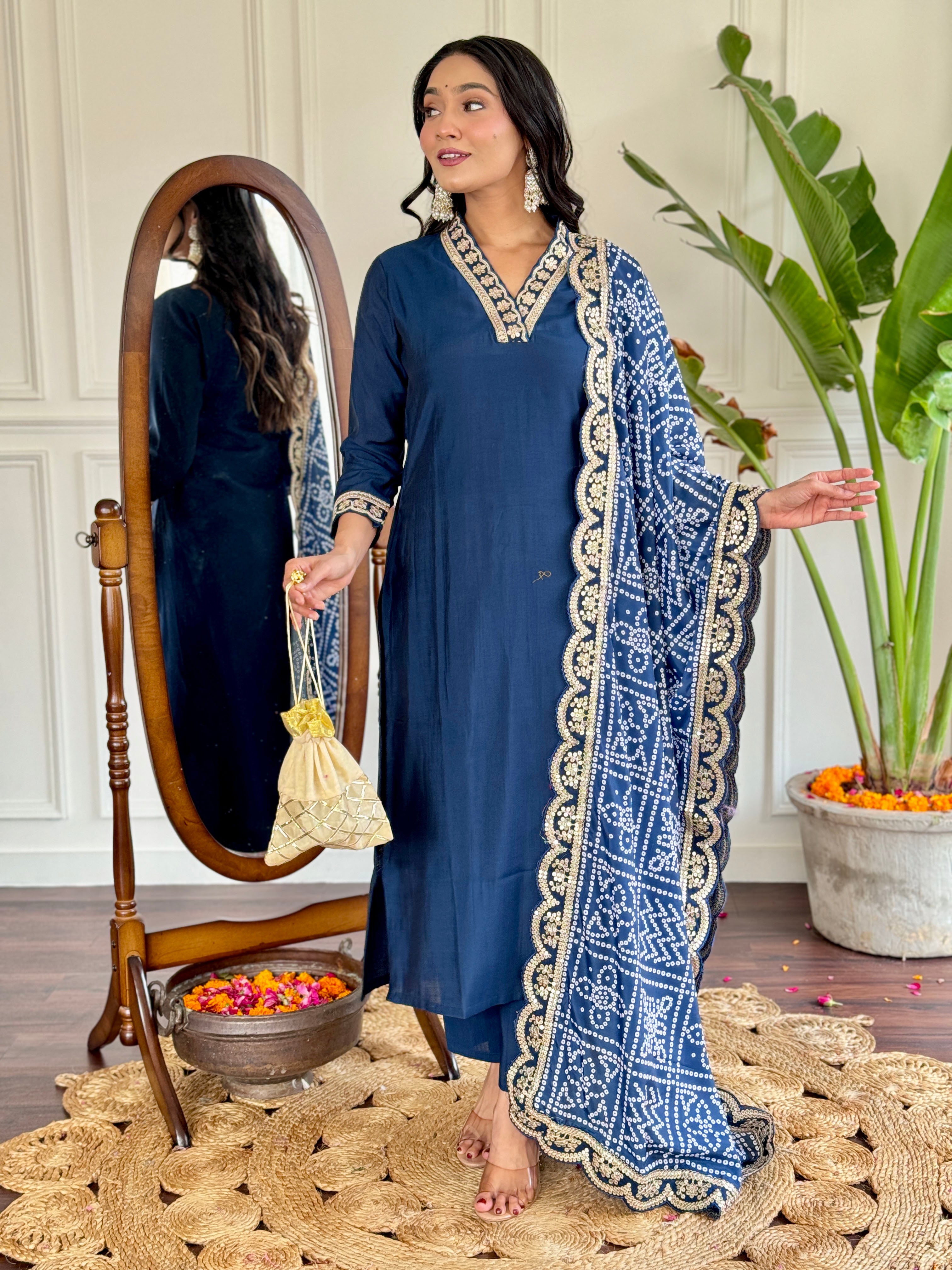 Viscose Silk Fabric work Straight cut Kurta, Pant and Dupatta Set