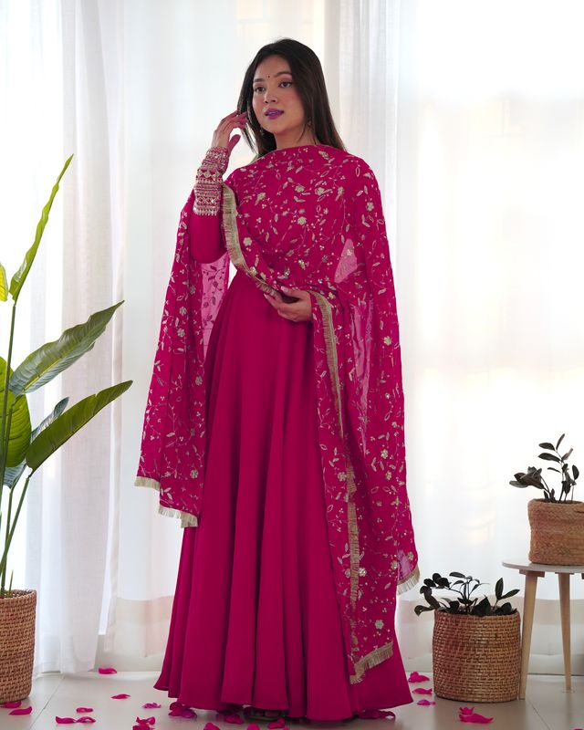 Women Georgette Anarkali Gown Duppta Full Set With Pent Ready To Wear