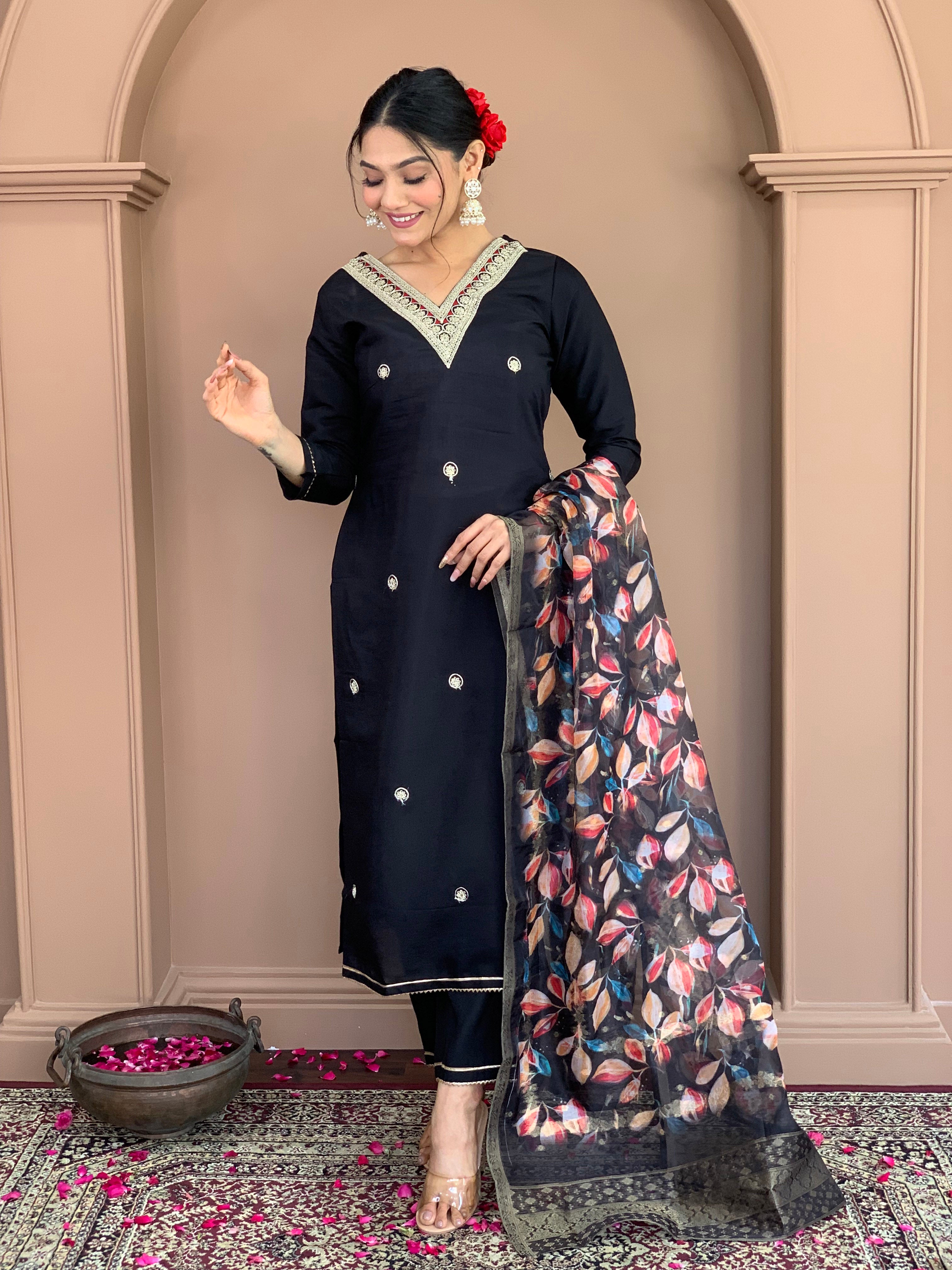 Black Rayon Embroidered Kurta Set