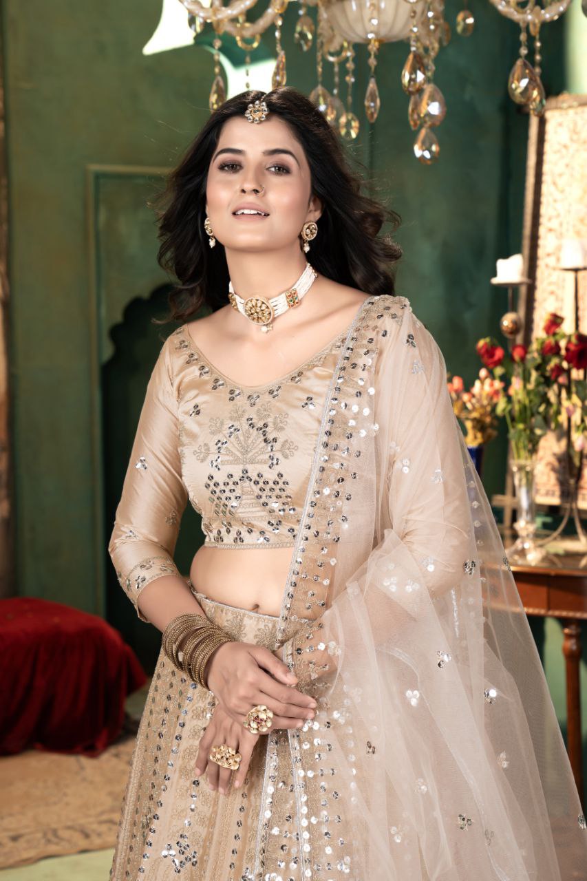 Peach Satin Lehenga With Embroidery work