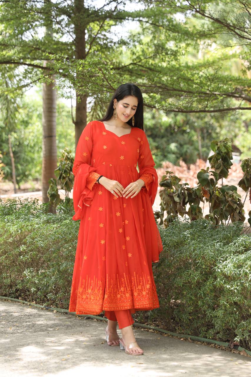 Red Tonal Embroidered Anarkali Kurta Set
