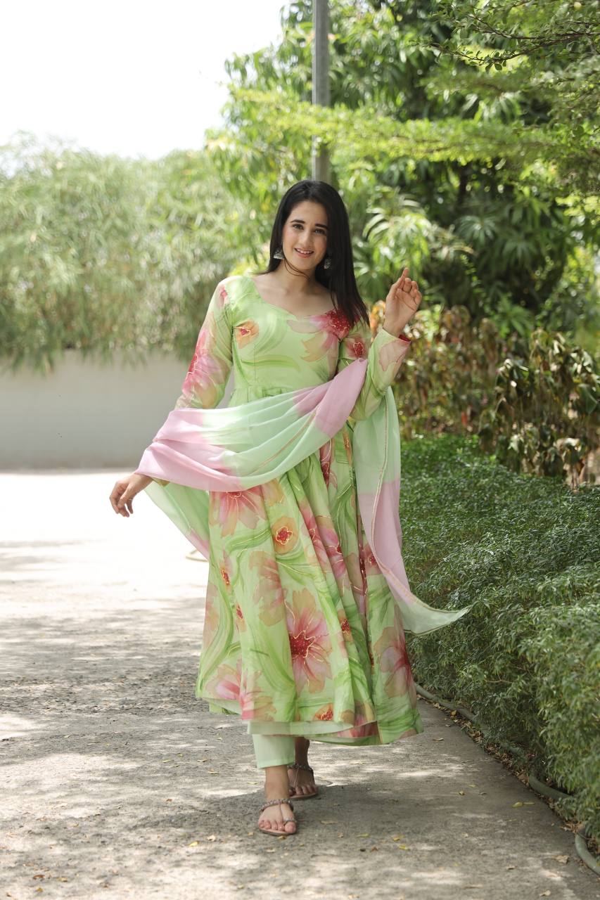 Green Floral Printed Anarkali Kurta Set