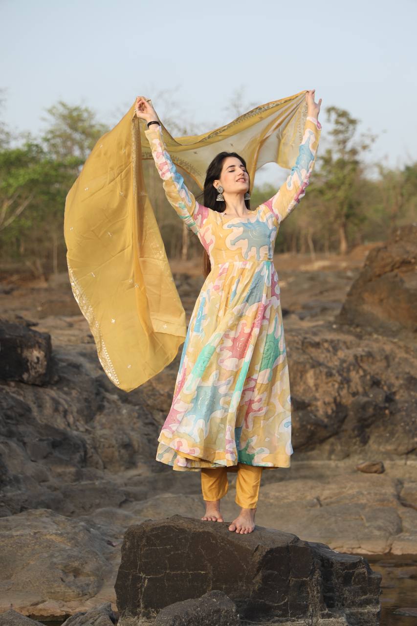 Yellow Abstract Print Anarkali Kurta Set