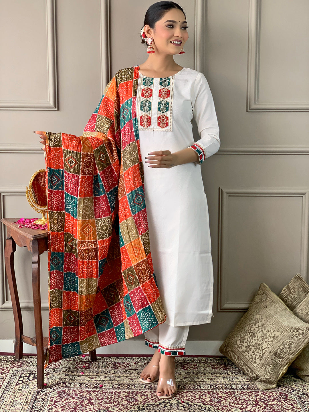 Off White Viscose Embroidered Kurta
