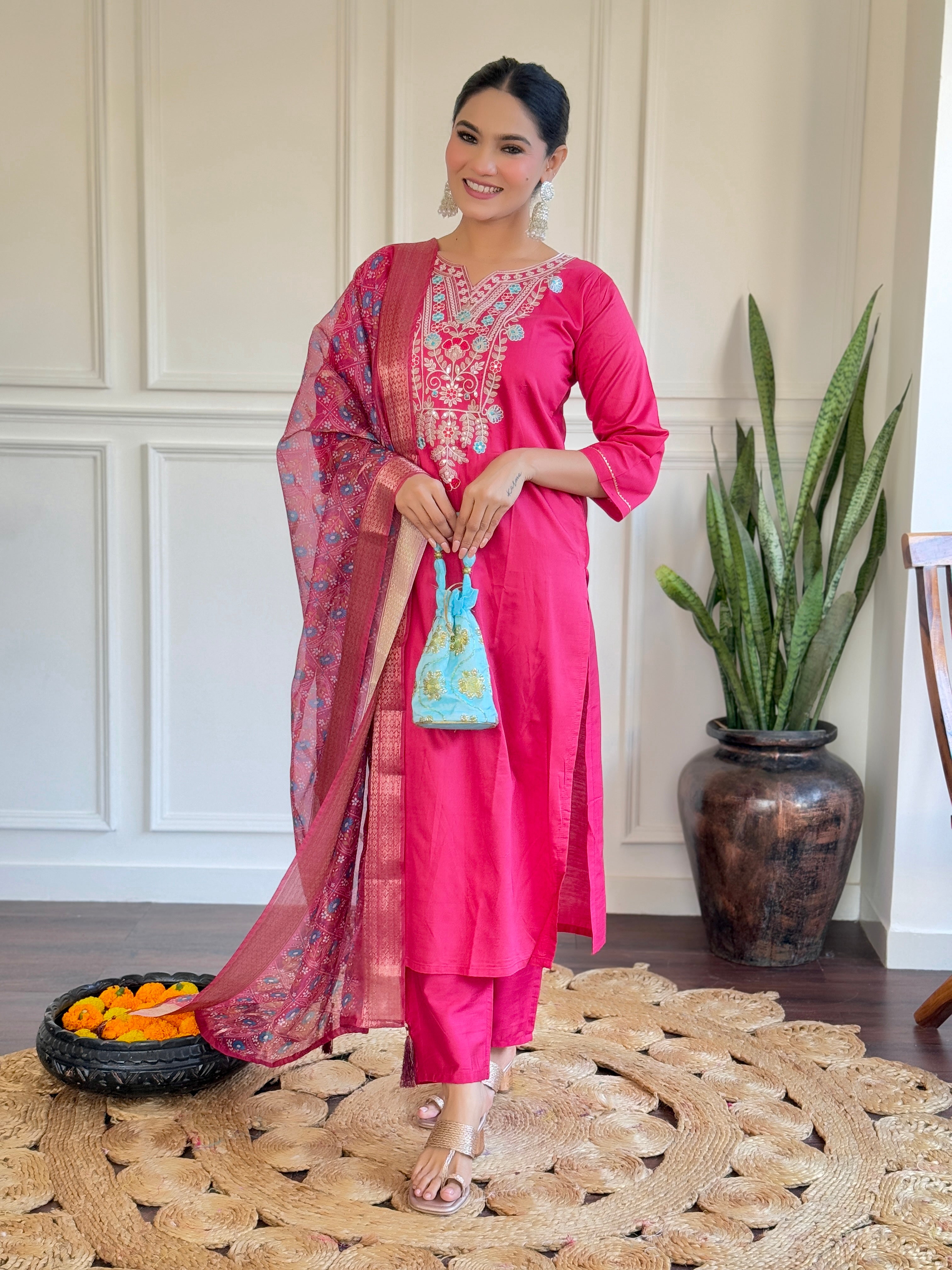 Pink Chanderi Embroidered Kurta