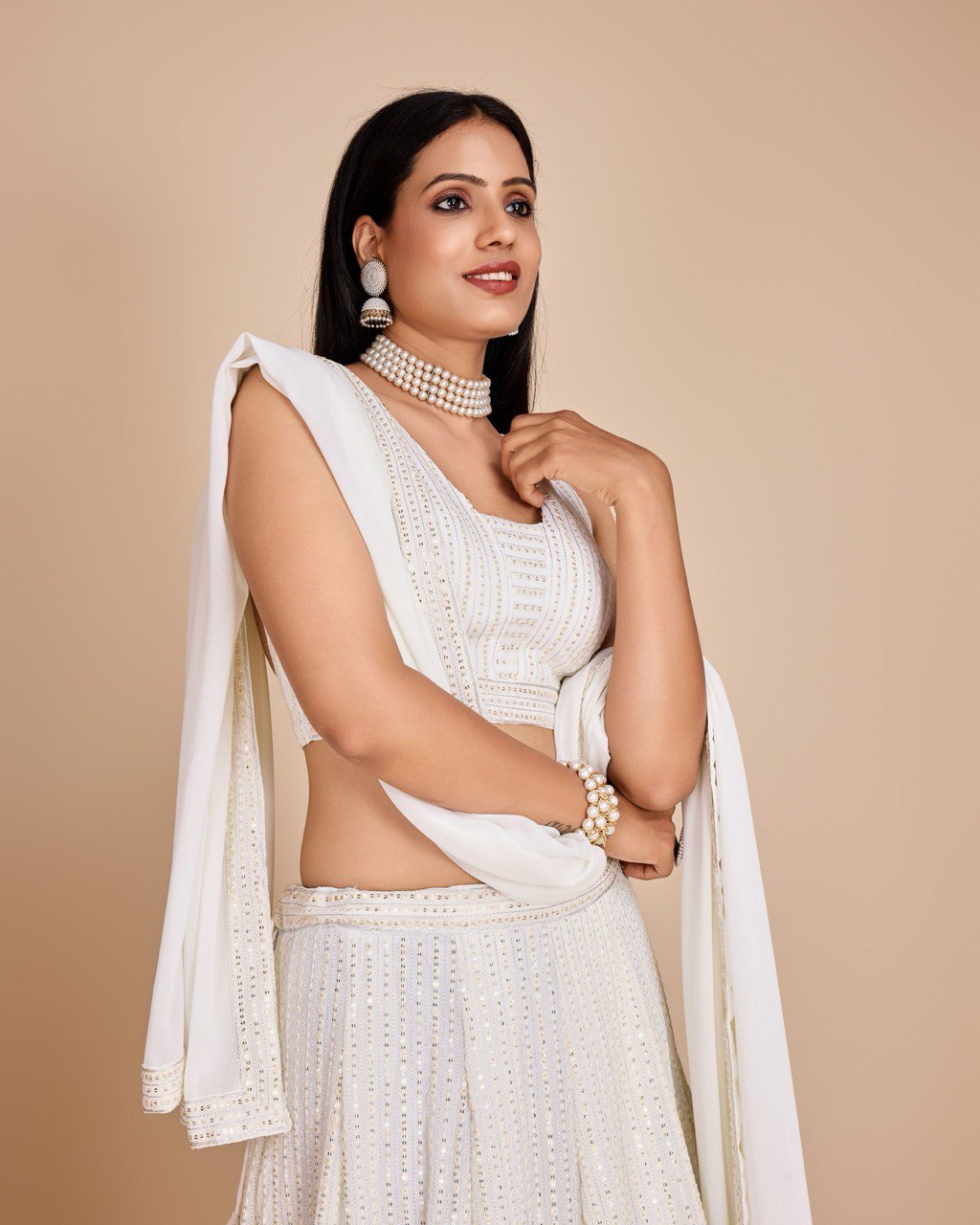 White Sequin Thread Embroidery Lehenga Set