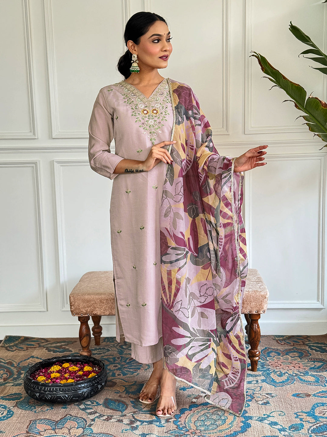 Beige Chanderi Embroidery Kurta