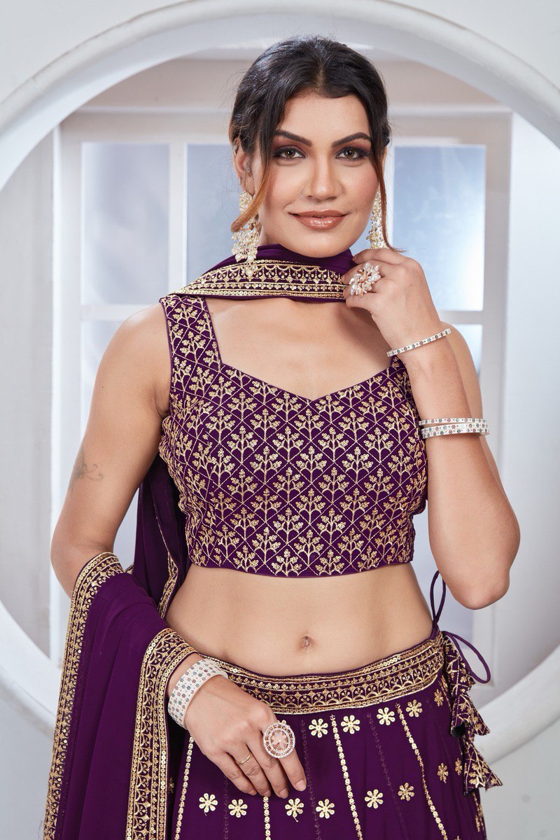 Wine Zari Work Floral Buta Lehenga