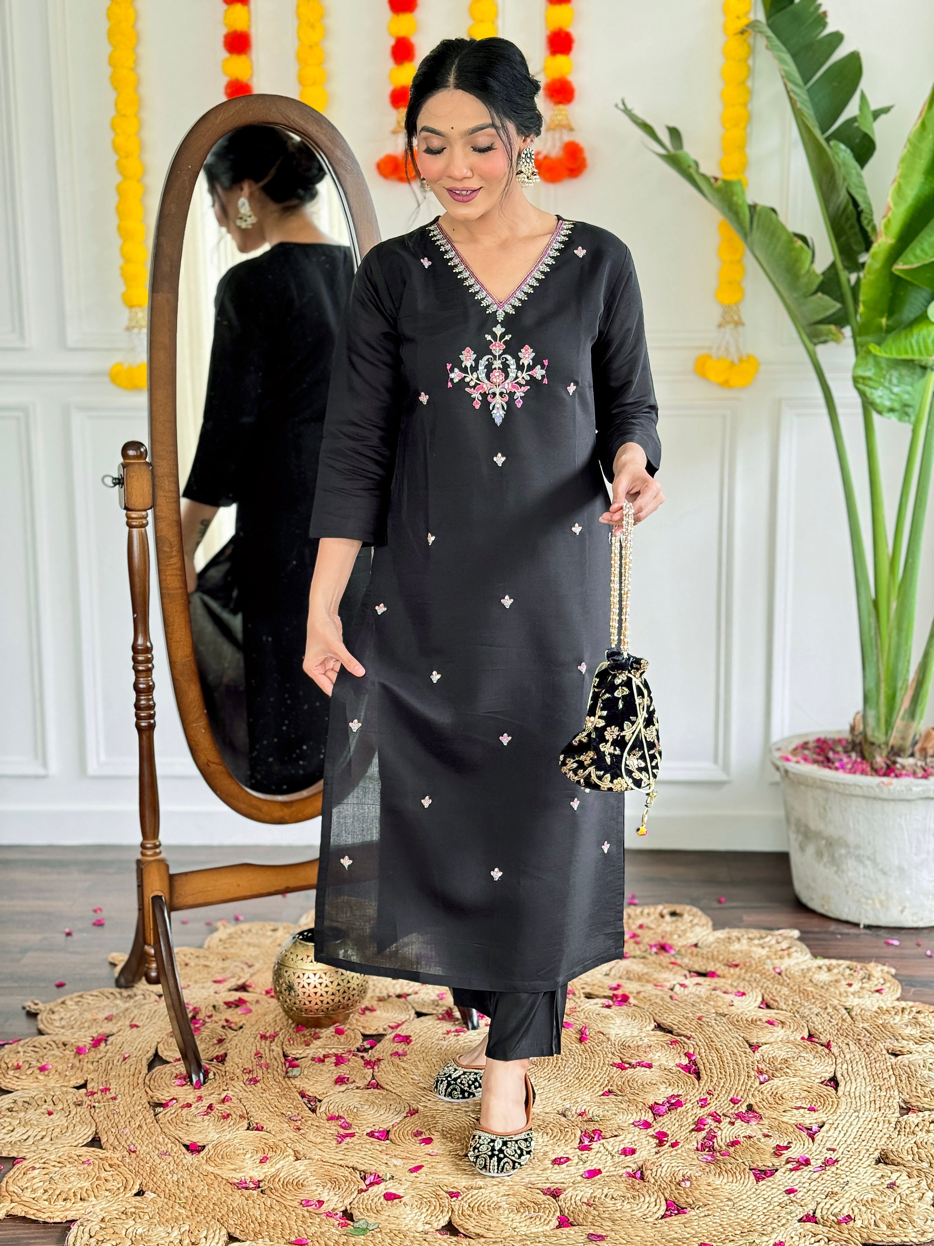 Black Viscose Chanderi Kurta