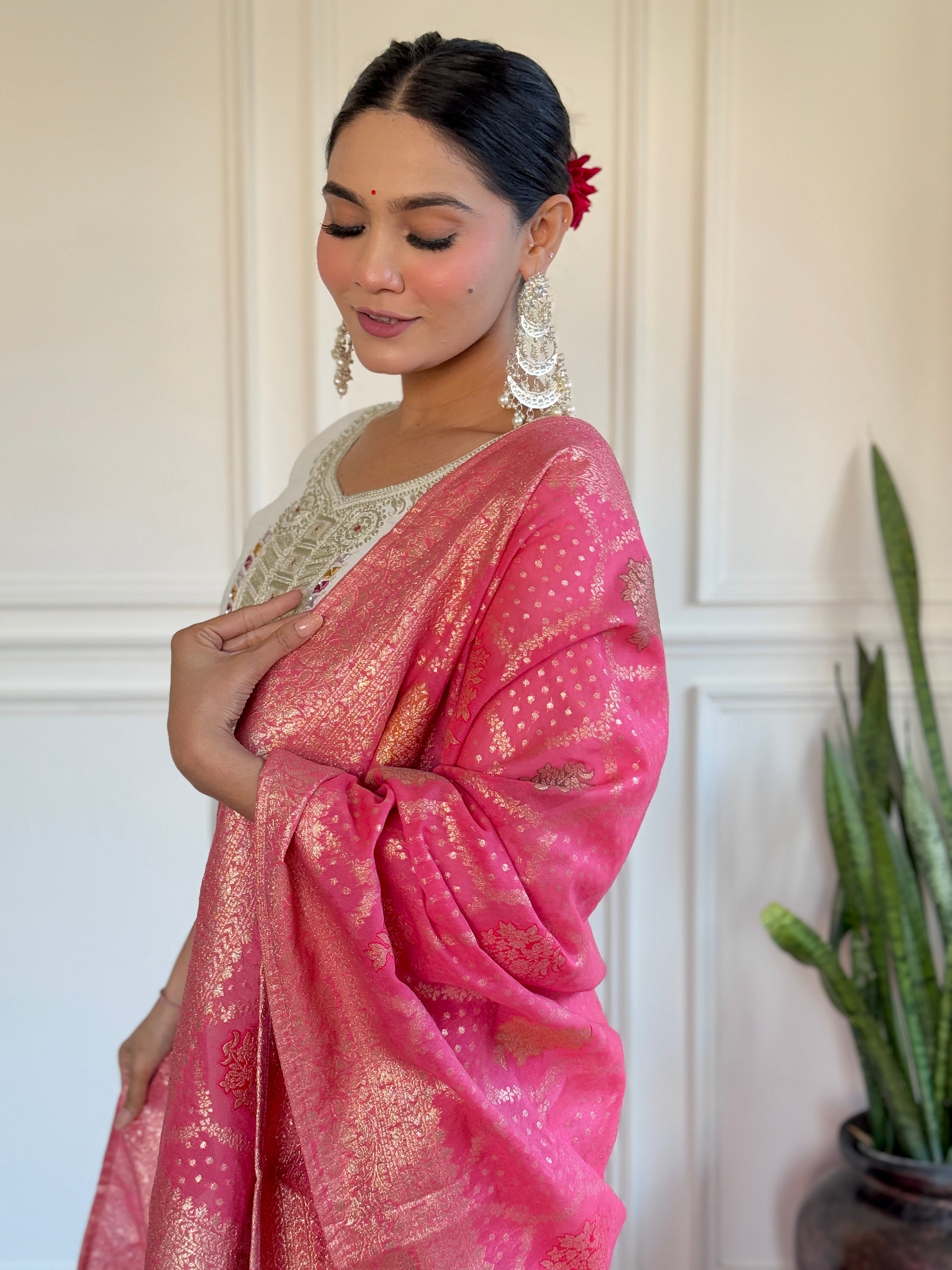 Off White Chanderi Embroidered Kurta
