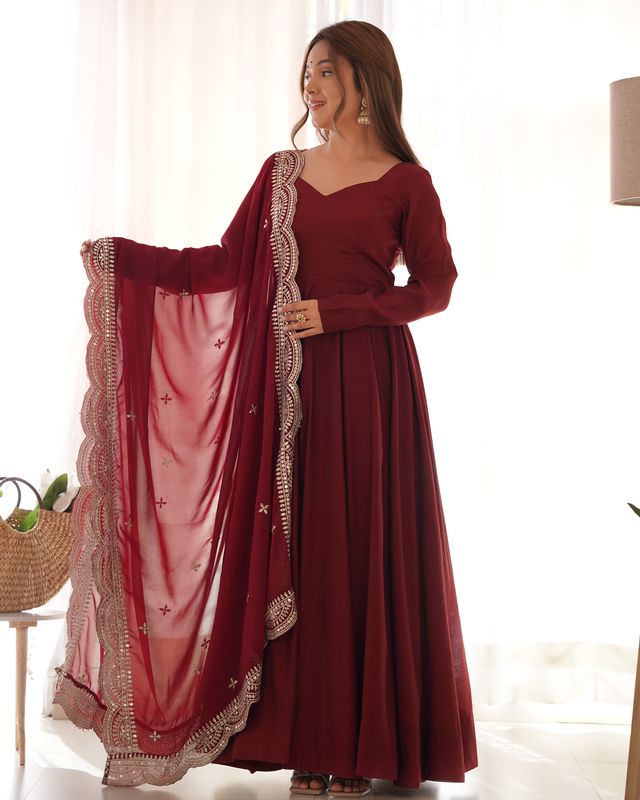 Maroon Pure Roman Silk Chanderi Fabric Fully Flared Anarkali Pant With Dupatta Set