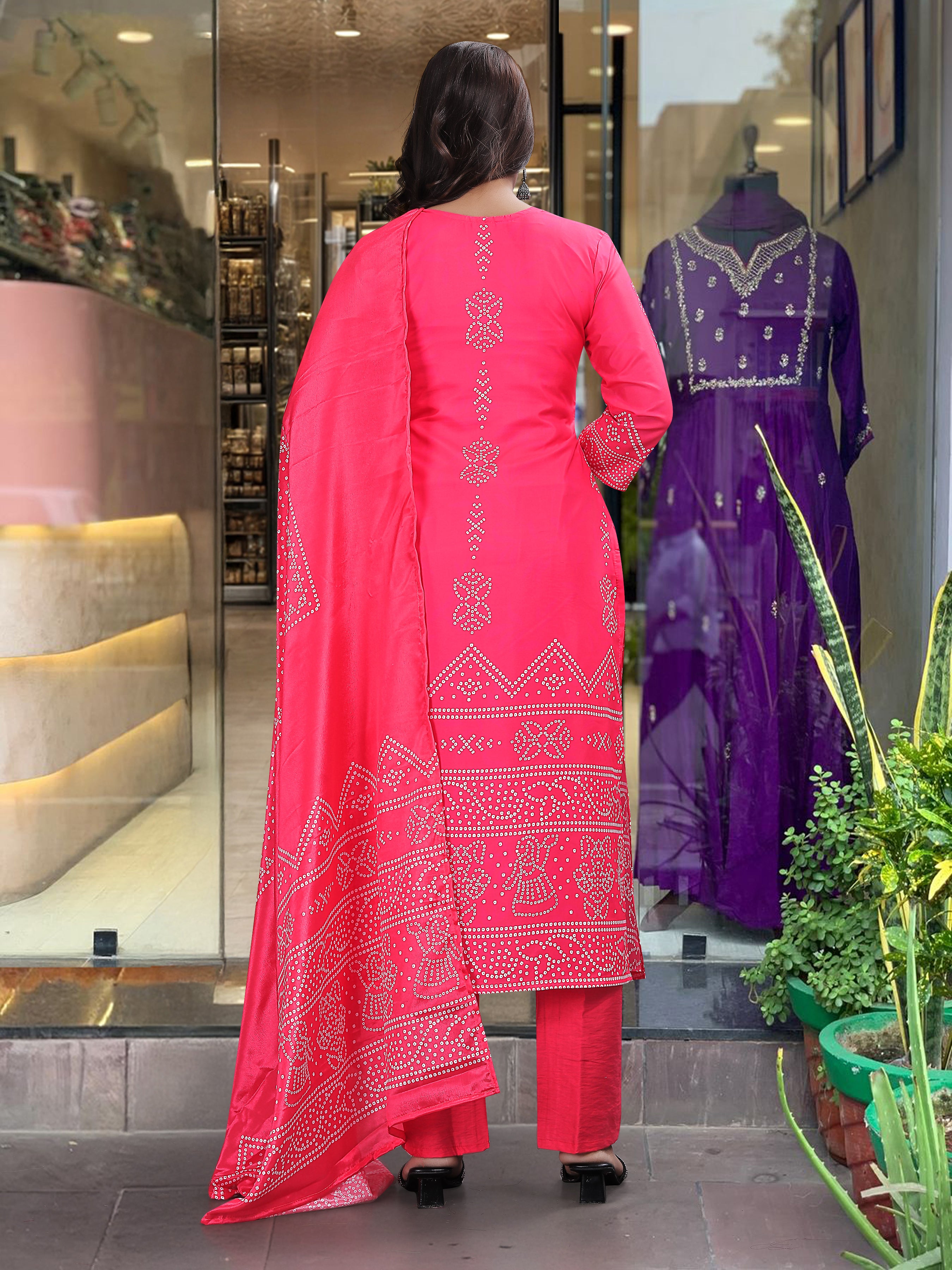 Silk Blend Printed Fabric work Straight cut Kurta, Pant and Dupatta Set