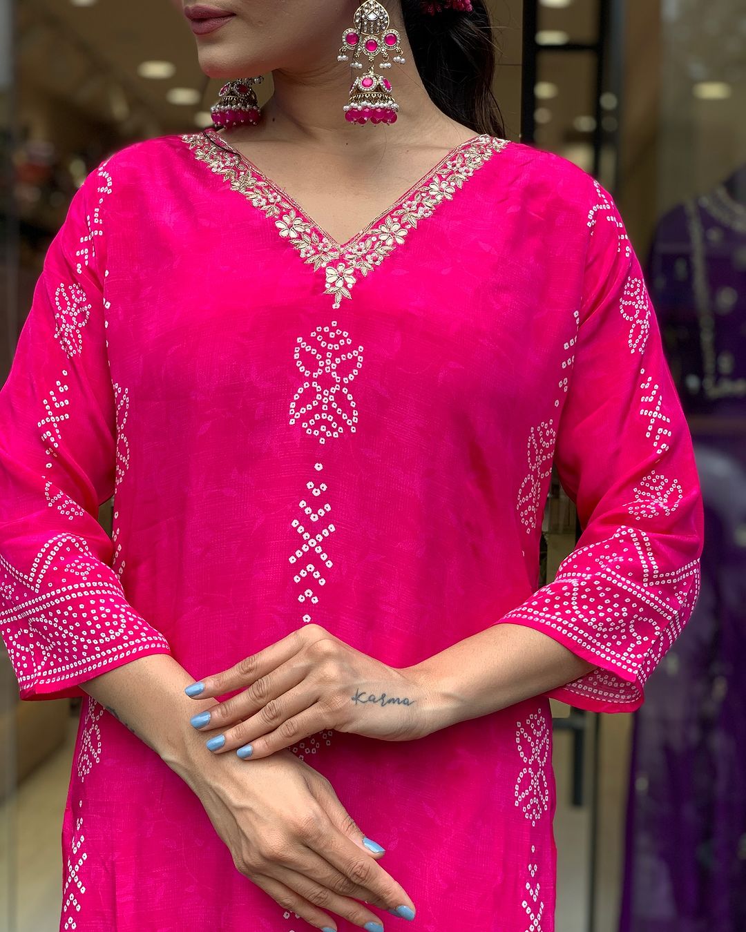 Silk Blend Printed Fabric work Straight cut Kurta, Pant and Dupatta Set