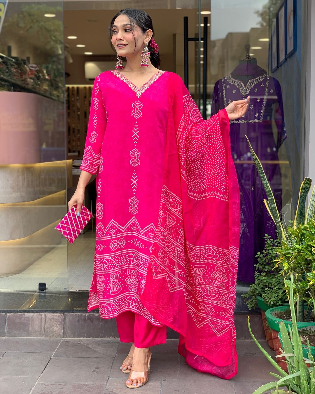 Silk Blend Printed Fabric work Straight cut Kurta, Pant and Dupatta Set