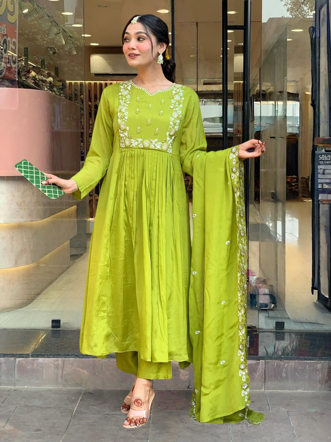 Embroidered Chinon Fabric Straight Kurta, Pant and Dupatta Set