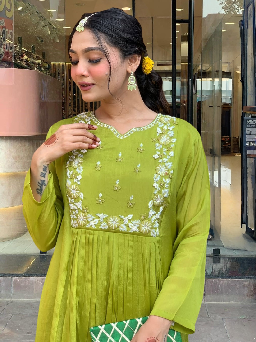 Embroidered Chinon Fabric Straight Kurta, Pant and Dupatta Set