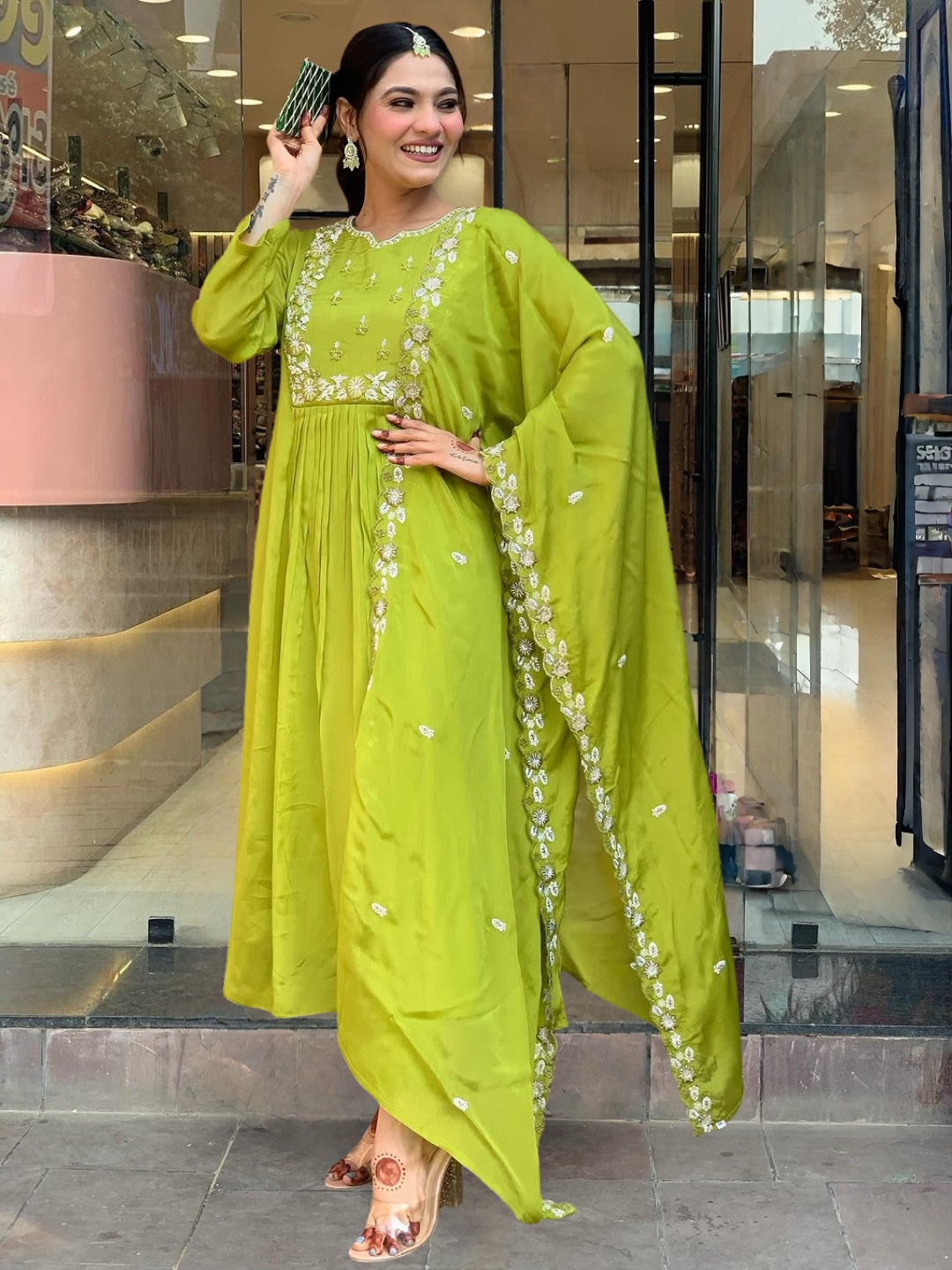 Embroidered Chinon Fabric Straight Kurta, Pant and Dupatta Set