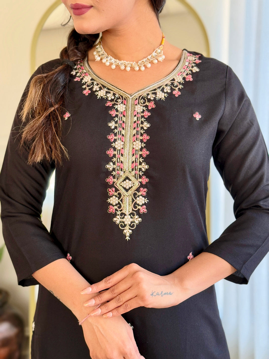 Black Embroidered Viscose Chanderi Fabric Straight Kurta, Pant and Dupatta Set