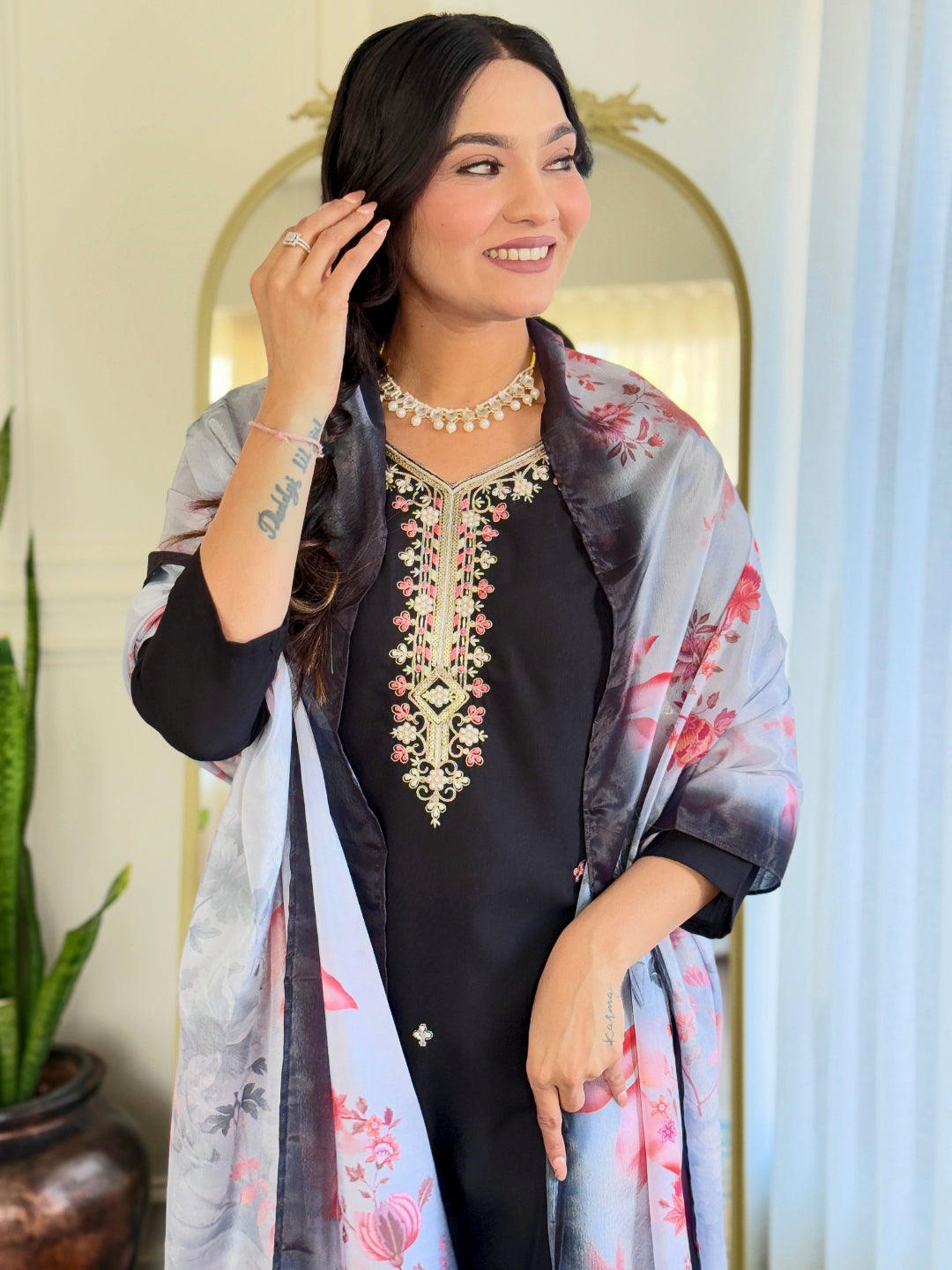 Black Embroidered Viscose Chanderi Fabric Straight Kurta, Pant and Dupatta Set