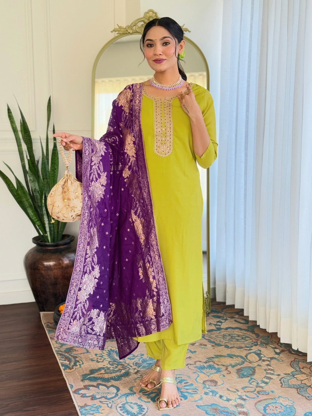 Women's Yellowish Embroidered Viscose Fabric Straight Kurta, Pant and Dupatta Set