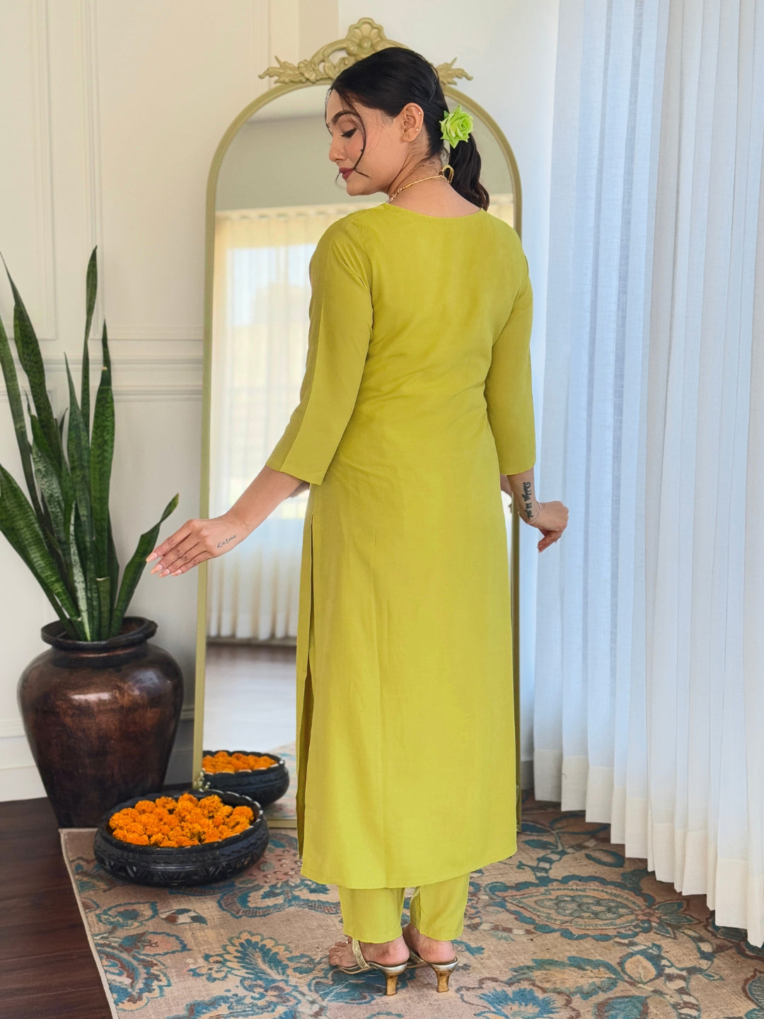Women's Yellowish Embroidered Viscose Fabric Straight Kurta, Pant and Dupatta Set