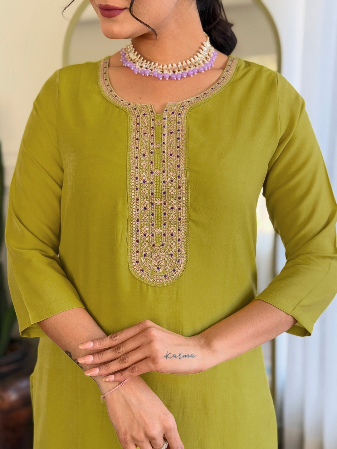 Women's Yellowish Embroidered Viscose Fabric Straight Kurta, Pant and Dupatta Set