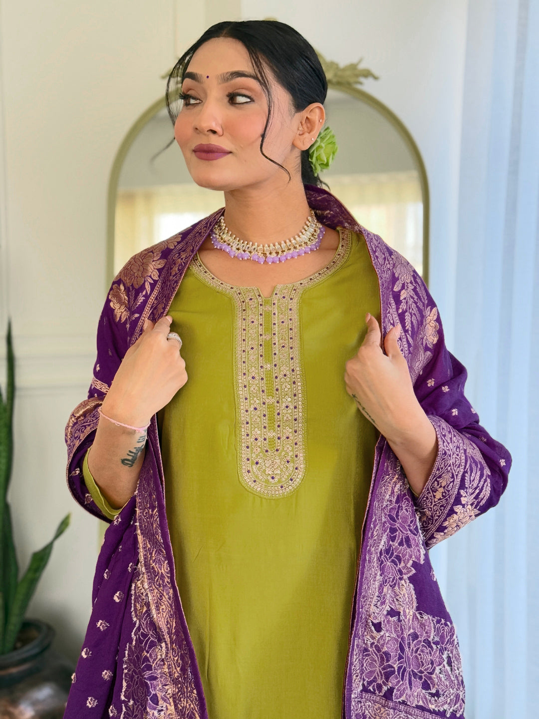 Women's Yellowish Embroidered Viscose Fabric Straight Kurta, Pant and Dupatta Set