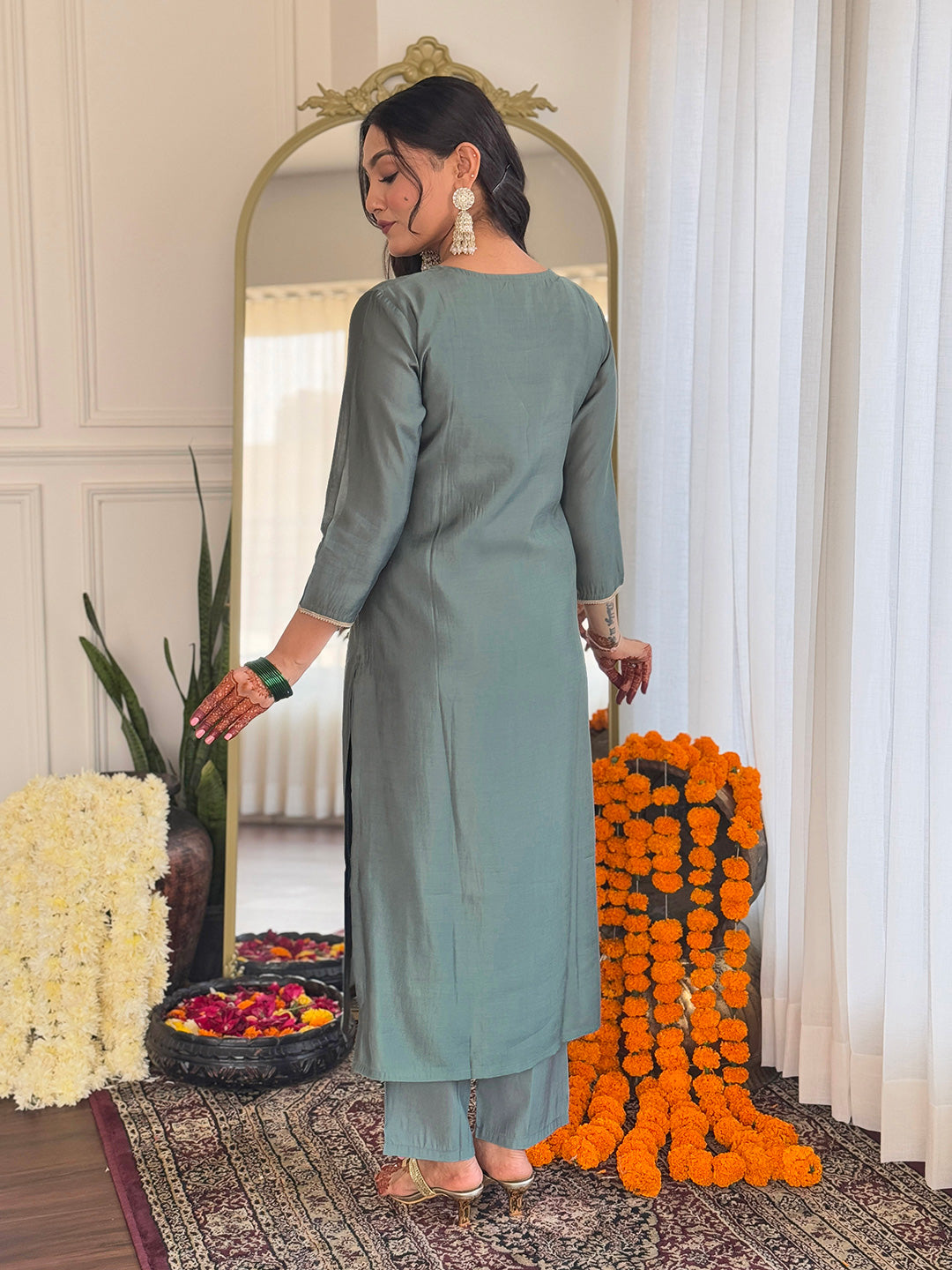 Women's Pista Embroidered Viscose Fabric Straight Kurta, Pant and Dupatta Set