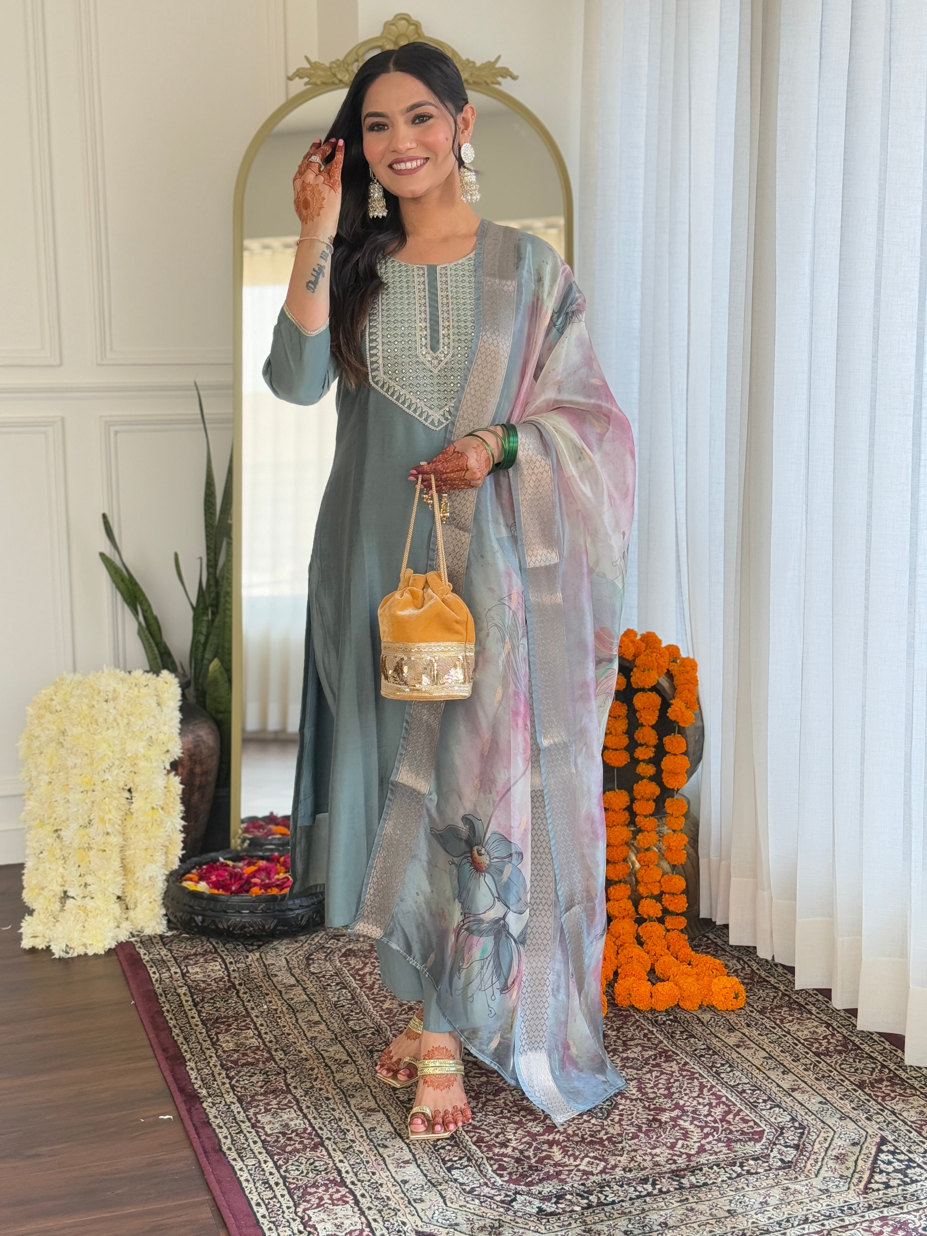 Women's Pista Embroidered Viscose Fabric Straight Kurta, Pant and Dupatta Set