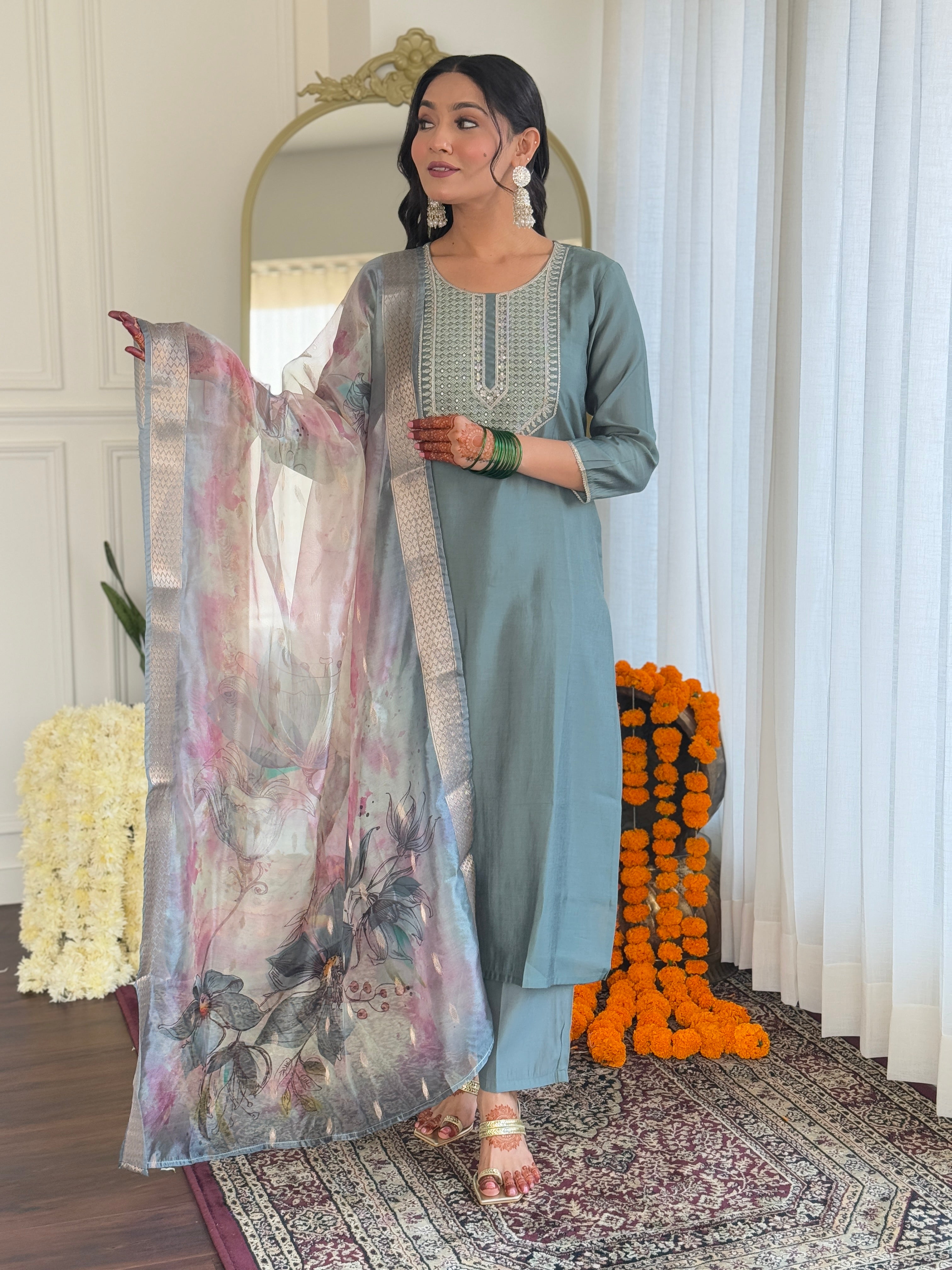 Women's Pista Embroidered Viscose Fabric Straight Kurta, Pant and Dupatta Set