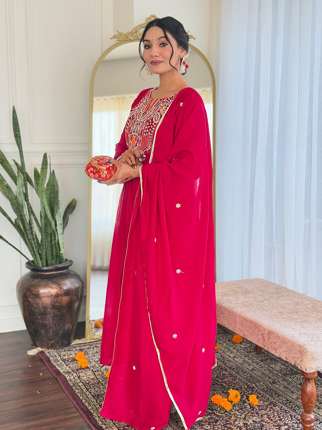 Women's Red Thread work Vichitra Silk Fabric Straight Kurta, Pant and Dupatta Set