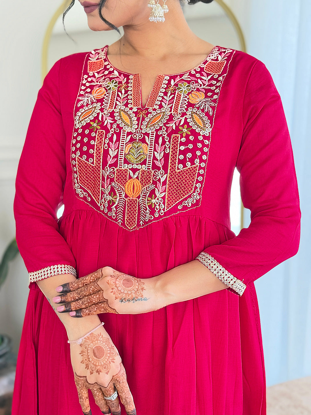 Women's Red Thread work Vichitra Silk Fabric Straight Kurta, Pant and Dupatta Set