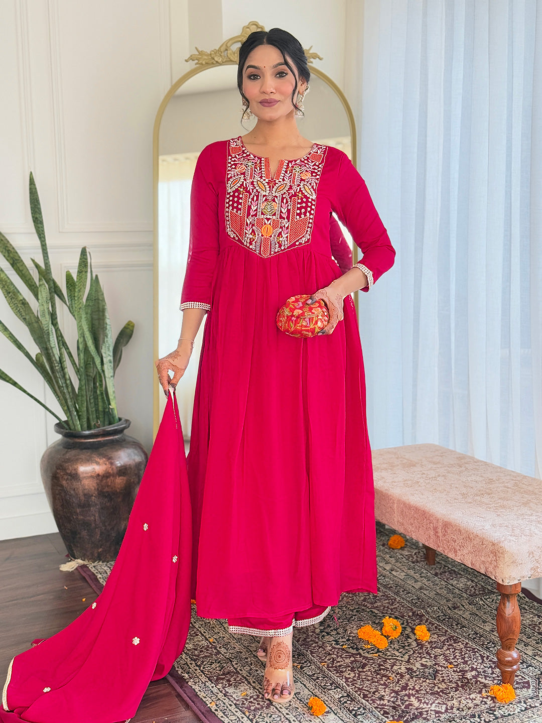 Women's Red Thread work Vichitra Silk Fabric Straight Kurta, Pant and Dupatta Set
