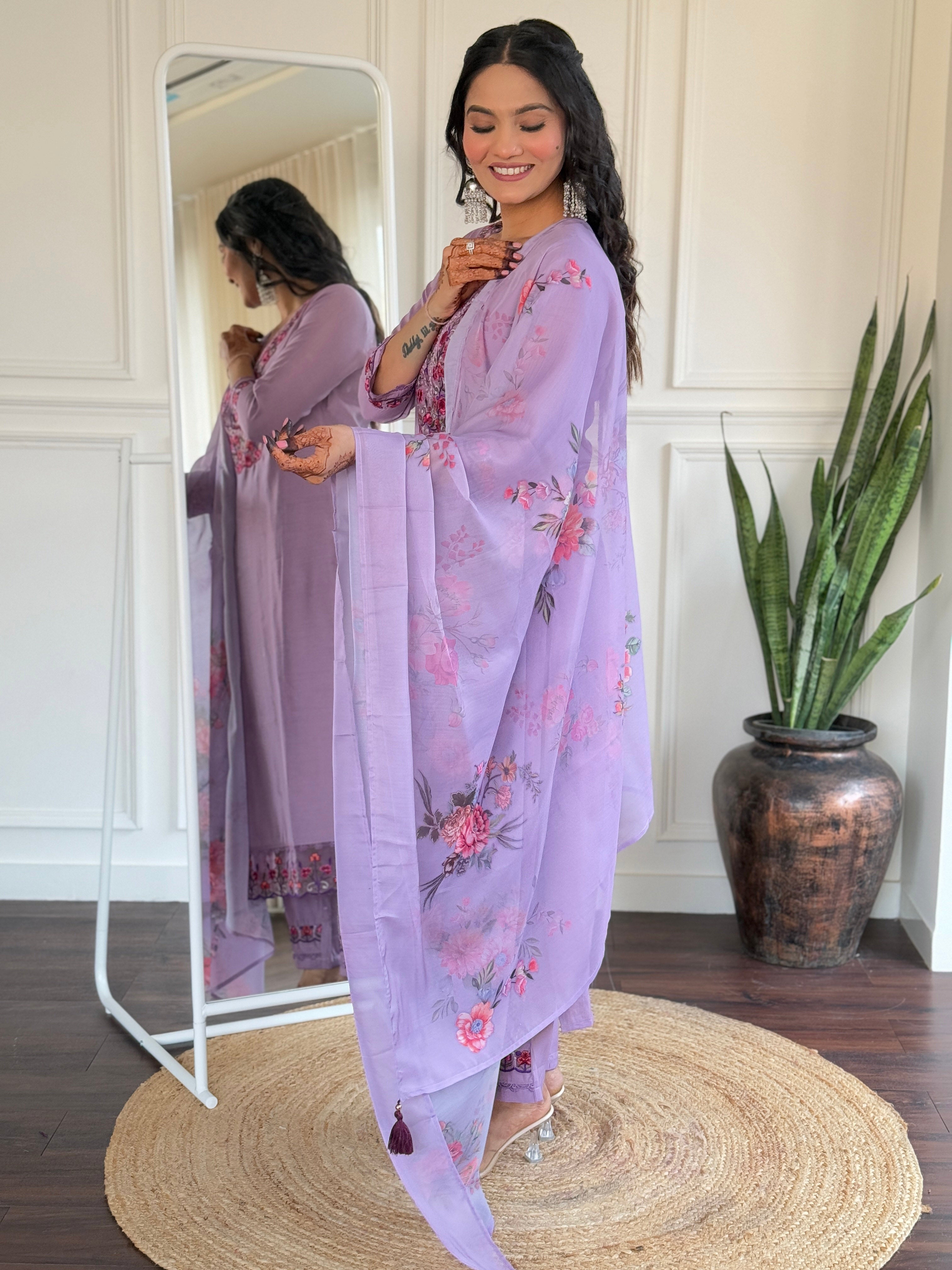 Beautiful Women's Thread work Viscose Fabric Straight Kurta, Pant and Dupatta Set
